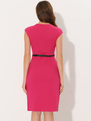 Elegant Business Cap Sleeve Belted Pencil Work Sheath Dress