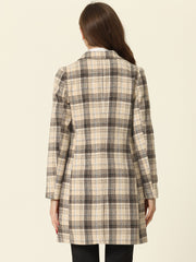 Double Breasted Notched Lapel Plaid Trench Blazer Coat