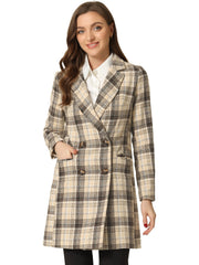 Double Breasted Notched Lapel Plaid Trench Blazer Coat