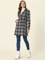 Double Breasted Notched Lapel Plaid Trench Blazer Coat