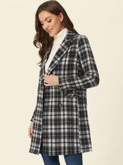 Double Breasted Notched Lapel Plaid Trench Blazer Coat