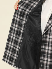 Double Breasted Notched Lapel Plaid Trench Blazer Coat
