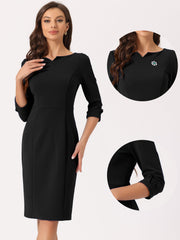 3/4 Sleeve Notch Neck Slim Fit Work Pencil Midi Dress