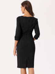 3/4 Sleeve Notch Neck Slim Fit Work Pencil Midi Dress