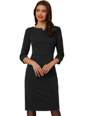 3/4 Sleeve Notch Neck Slim Fit Work Pencil Midi Dress