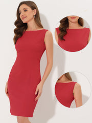 Sleeveless Sheath Boat Neck Casual Office Solid Midi Dress