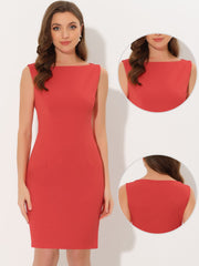 Sleeveless Boat Neck Casual Office Solid Midi Sheath Dress