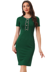 Short Sleeve Button Decor Bodycon Sheath Work Midi Dress