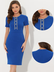 Short Sleeve Button Decor Bodycon Sheath Work Midi Dress