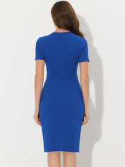 Short Sleeve Button Decor Bodycon Sheath Work Midi Dress