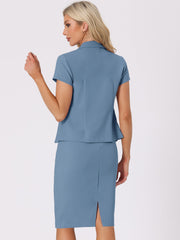 2 Piece Short Sleeve Notched Lapel Blazer Jacket & Pencil Midi Skirt Suit Set