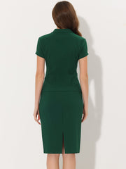 2 Piece Short Sleeve Notched Lapel Blazer & Pencil Midi Skirt Suit Set