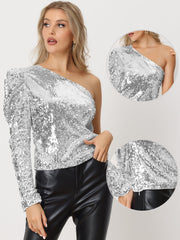 Sparkly Sequin One Shoulder Puff Long Sleeve Shimmer Tops