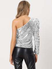 Sparkly Sequin One Shoulder Puff Long Sleeve Shimmer Tops
