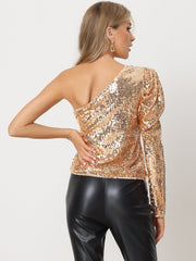Sparkly Sequin One Shoulder Puff Long Sleeve Shimmer Tops