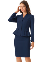 2 Piece Long Sleeve Collarless Peplum Blazer and Pencil Skirt Work Suit Set