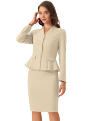 2 Piece Long Sleeve Collarless Peplum Blazer and Pencil Skirt Work Suit Set