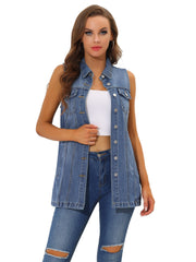 Casual Button Down Waistcoat Sleeveless Mid Long Denim Vest