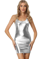 Women's Metallic Sparkly Club Party Mini Shiny Bodycon Spaghetti Strap Dress