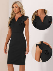 Ruffles V Neck Split Work Pencil Sleeveless Sheath Dress