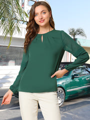 Chiffon Shirt Semi Sheer Keyhole Neck Elegant Work Blouse