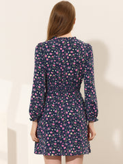 Smocked Waist Tie Neck Floral Long Sleeve Dress