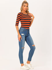Striped 3/4 Sleeve Round Neck Casual T-Shirt