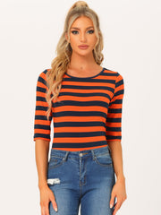 Striped 3/4 Sleeve Round Neck Casual T-Shirt