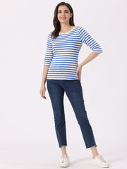 3/4 Sleeve Round Neck Casual Striped T-Shirt