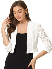 Lace Panel Open Front Long Sleeve Work Office Crop Bolero Shrug
