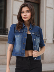 Casual Short Puff Sleeves Button-Down Jean Denim Jacket