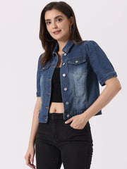 Casual Short Puff Sleeves Button-Down Jean Denim Jacket