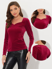 Casual Velvet Long Sleeve Solid Color Sweetheart Neck Blouse