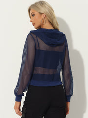 Zip Up Long Sleeve Mesh Sheer Hoodie Bomber Jackets