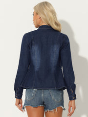 Casual Denim Classic Stand Collar Long Sleeve Jean Jacket