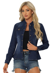 Casual Denim Classic Stand Collar Long Sleeve Jean Jacket