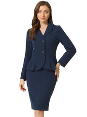 2 Piece Long Sleeve Notched Lapel Peplum Blazer Pencil Skirt Suit Set