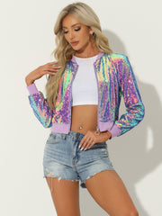 Sequin Long Sleeve Zipper Up Collarless Glitter Bomber Jacket