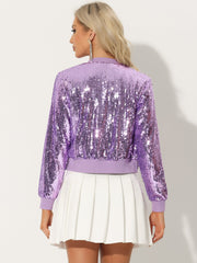 Sequin Long Sleeve Zipper Up Collarless Glitter Bomber Jacket