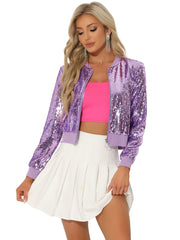 Sequin Long Sleeve Zipper Up Collarless Glitter Bomber Jacket