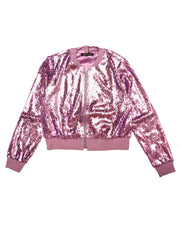 Sequin Long Sleeve Zipper Up Collarless Glitter Bomber Jacket