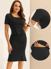 2PCS Square Neck Peplum Blouse Fishtail Bodycon Skirt Business Set