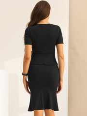 2PCS Square Neck Peplum Blouse Fishtail Bodycon Skirt Business Set