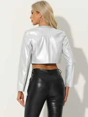 PU Bolero Open Front Leather Cropped Long Sleeve Cardigan