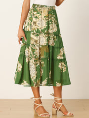 Chiffon Floral Printed Long Tiered Ruffle Boho Midi Skirt