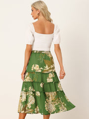 Chiffon Floral Printed Long Tiered Ruffle Boho Midi Skirt