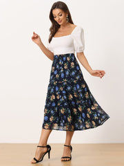 Ruffle Boho Chiffon Floral Printed Long Tiered Midi Skirt