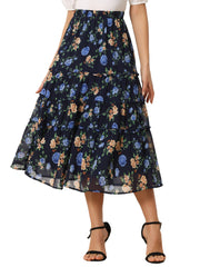 Ruffle Boho Chiffon Floral Printed Long Tiered Midi Skirt