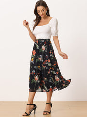 Chiffon Floral Printed Long Tiered Ruffle Boho Midi Skirt
