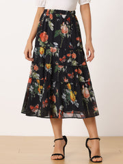 Chiffon Floral Printed Long Tiered Ruffle Boho Midi Skirt
